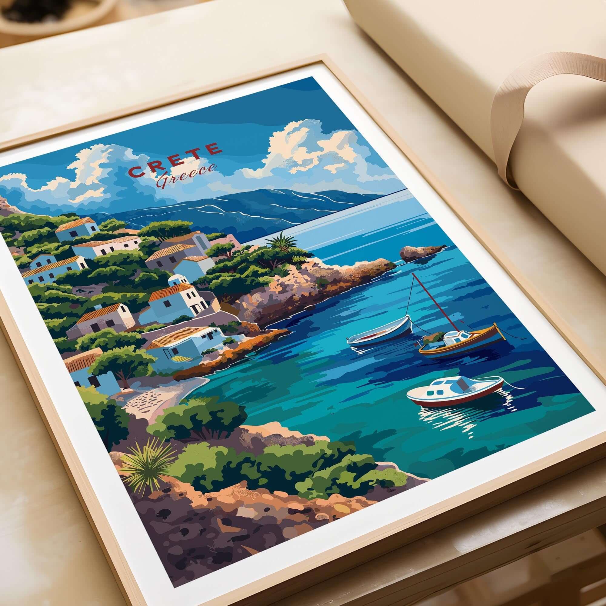 Crete Greece Poster Print showcasing a picturesque coastal scene with boats and vibrant landscape.