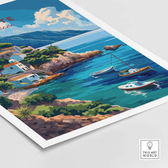 Crete Greece Poster Print showcasing vibrant coastal scenery and colorful boats on a stunning Greek island.