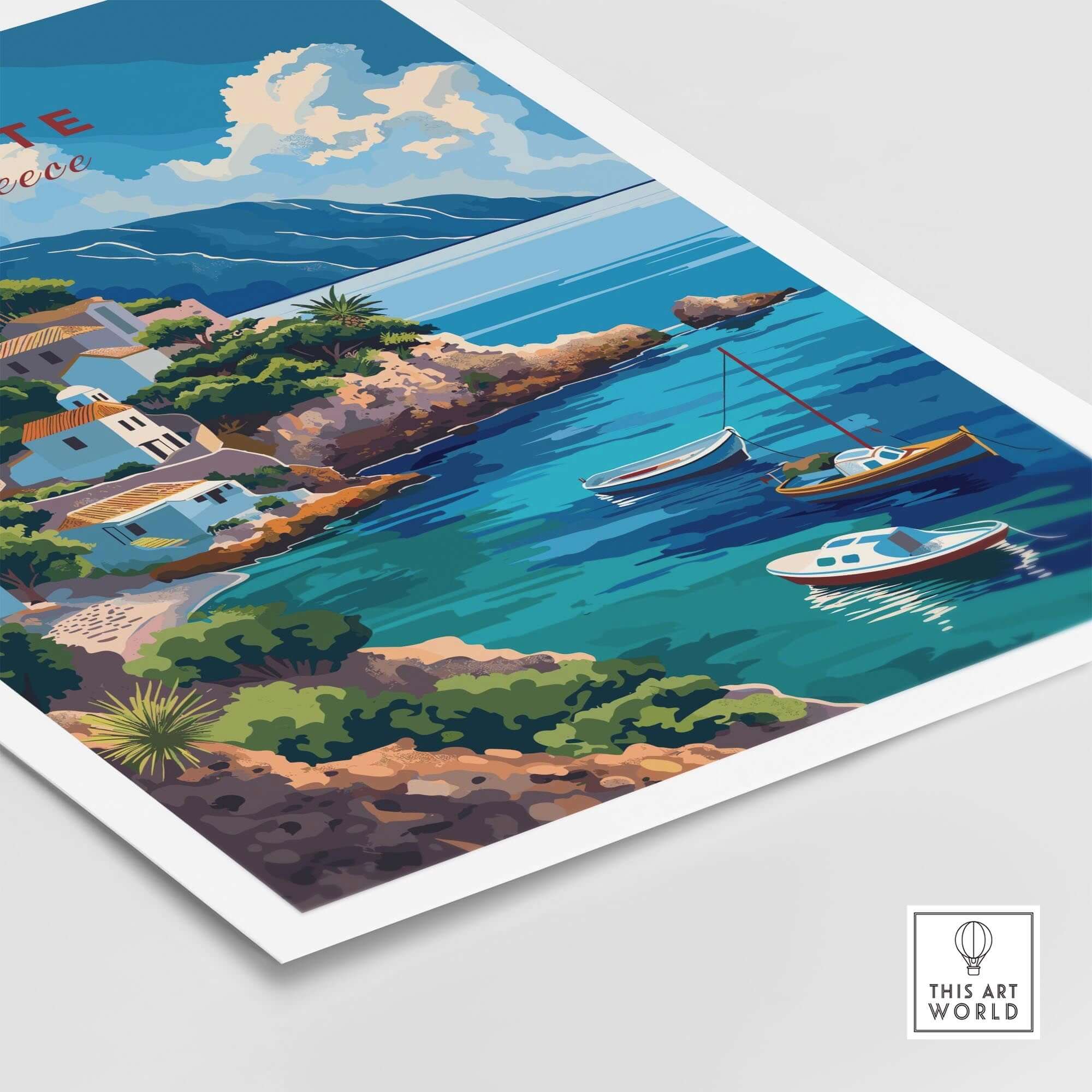 Crete Greece Poster Print showcasing vibrant coastal scenery and colorful boats on a stunning Greek island.