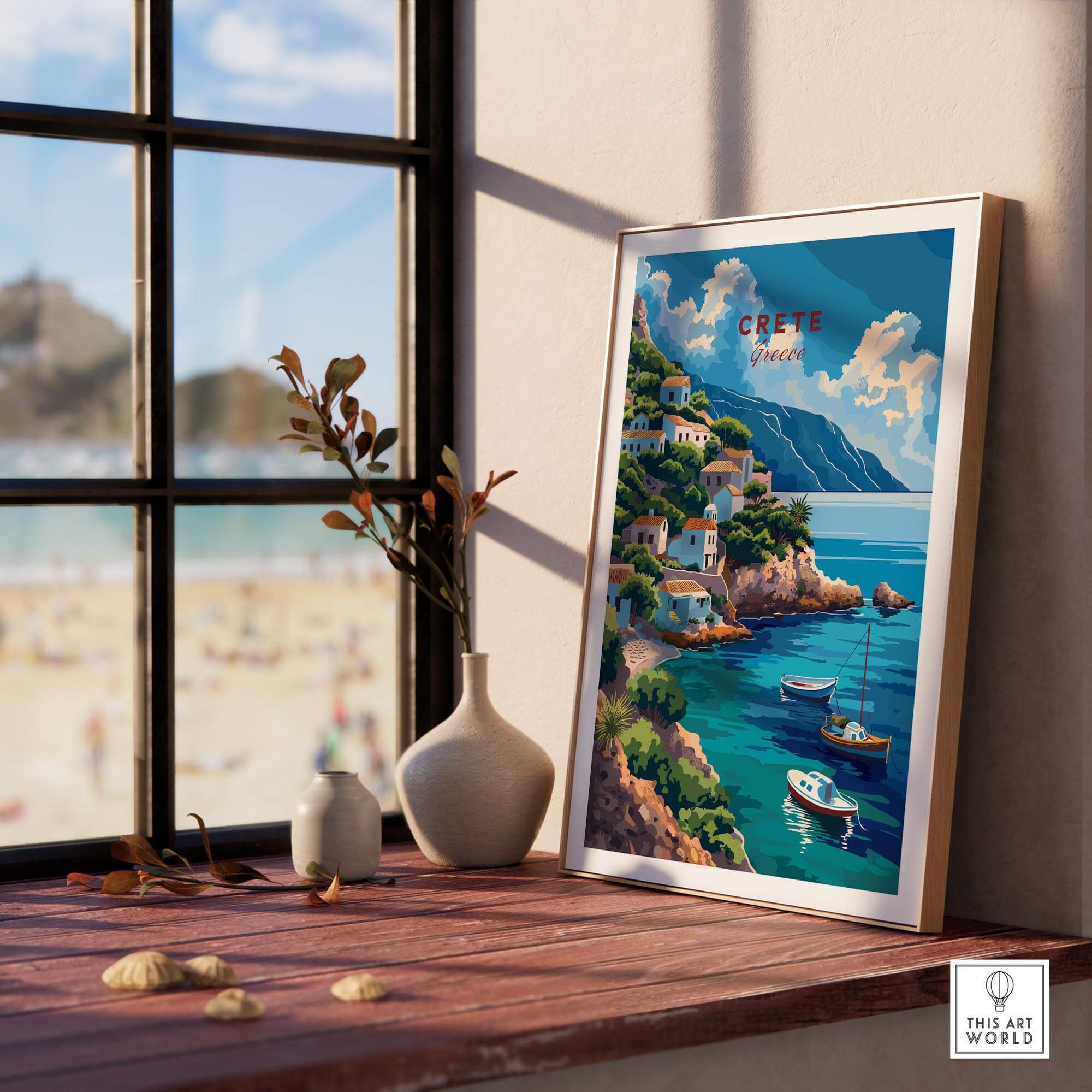 Crete Greece Poster Print showcasing the beautiful coastline and vibrant scenery of Crete in a stylish frame.