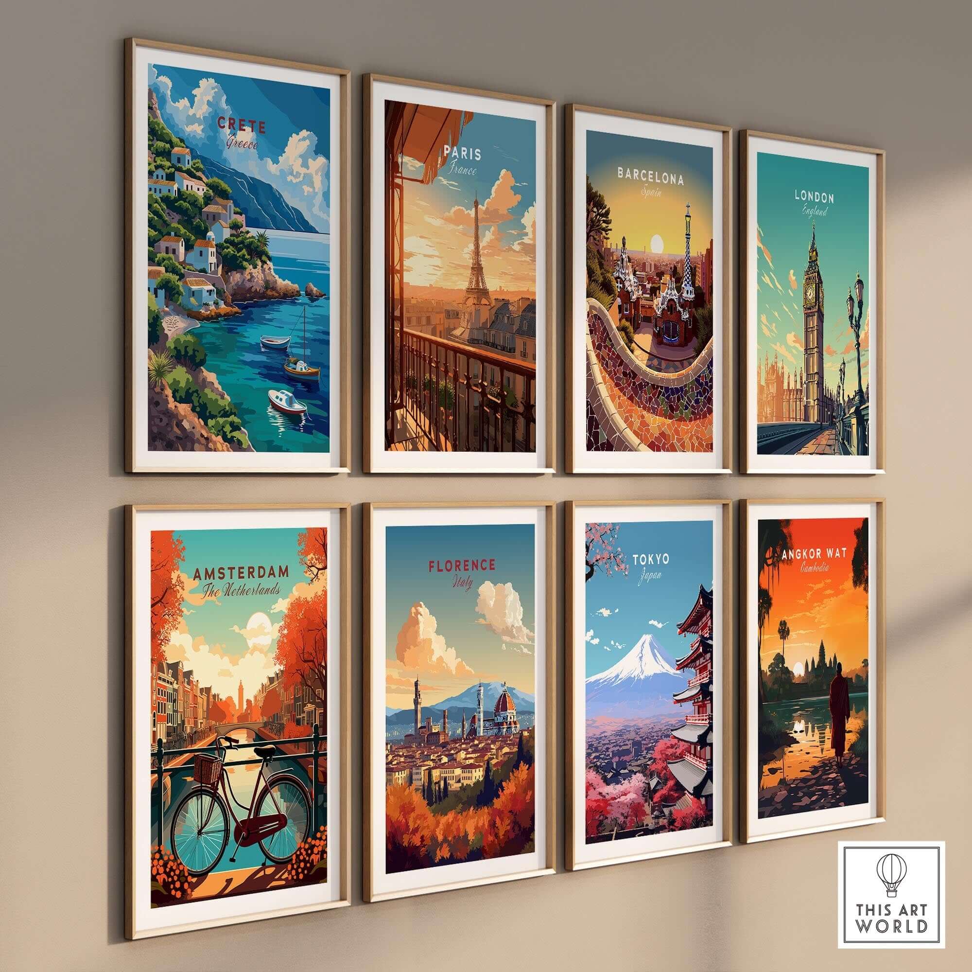 Crete Greece Poster Print showcasing vibrant travel posters of iconic cities including Crete, Paris, and Barcelona.
