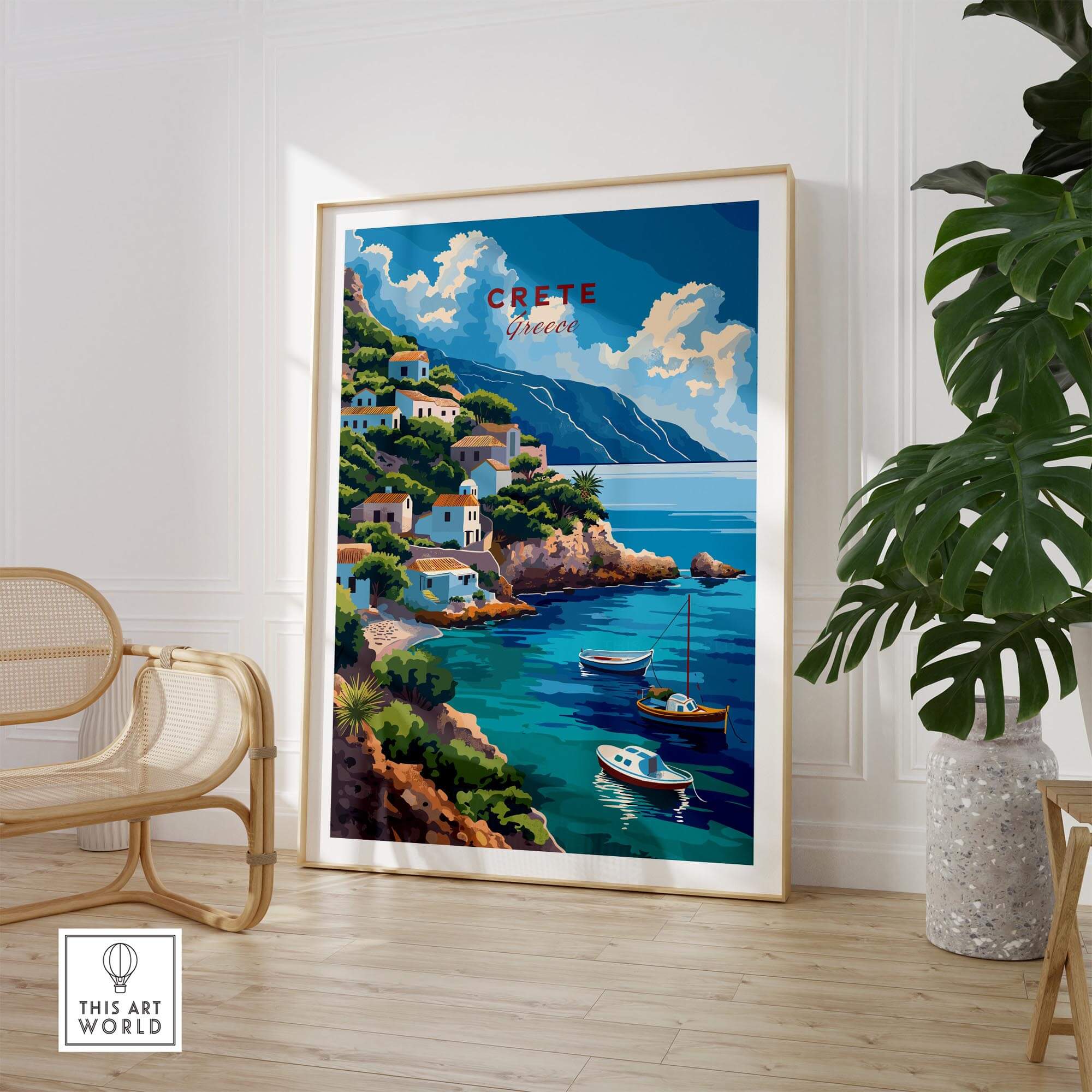 Crete Greece Poster Print featuring a coastal scene with boats and hills capturing the beauty of the Greek islands.