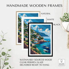 Crete Greece Poster Print in handmade wooden frames in natural, white, and black finishes with a coastal scene.