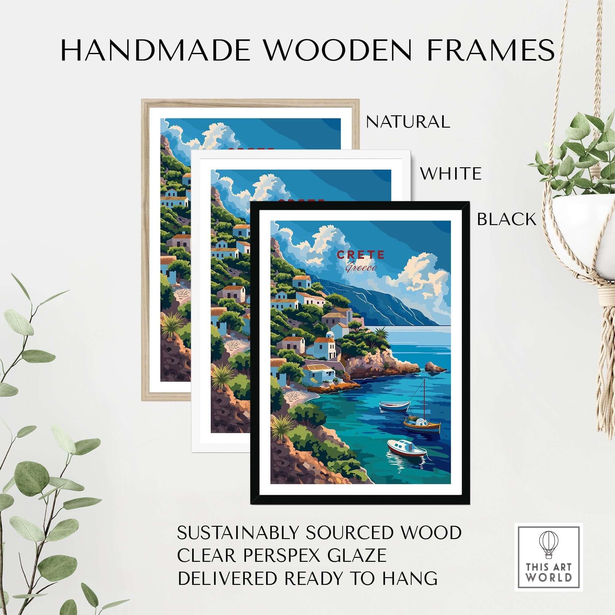 Crete Greece Poster Print in handmade wooden frames in natural, white, and black finishes with a coastal scene.