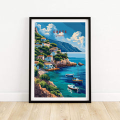 Crete Greece Poster Print featuring a scenic coastal view with boats and traditional houses.