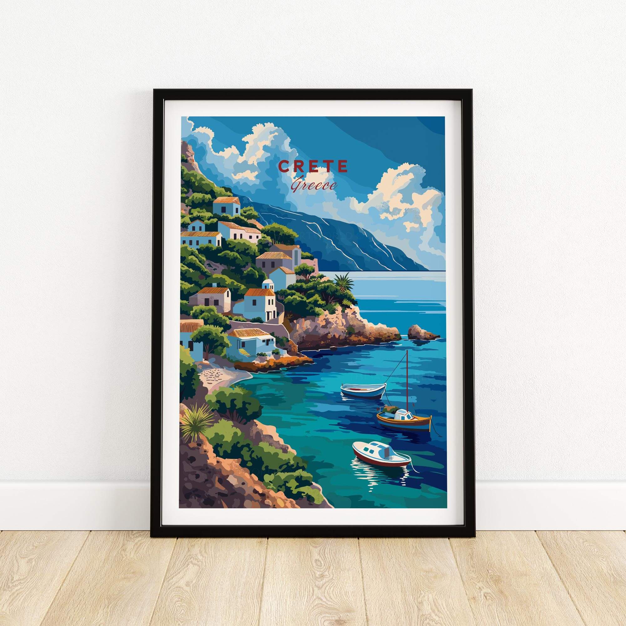 Crete Greece Poster Print featuring a scenic coastal view with boats and traditional houses.