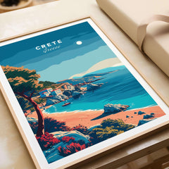 Crete Island Greece - Travel Poster showcasing a beautiful coastal scene with vibrant colors and Mediterranean charm.