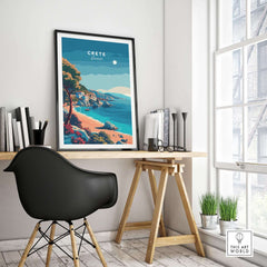 Crete Island Greece - Travel Poster displayed in a modern home office setting with a black chair and potted plants.