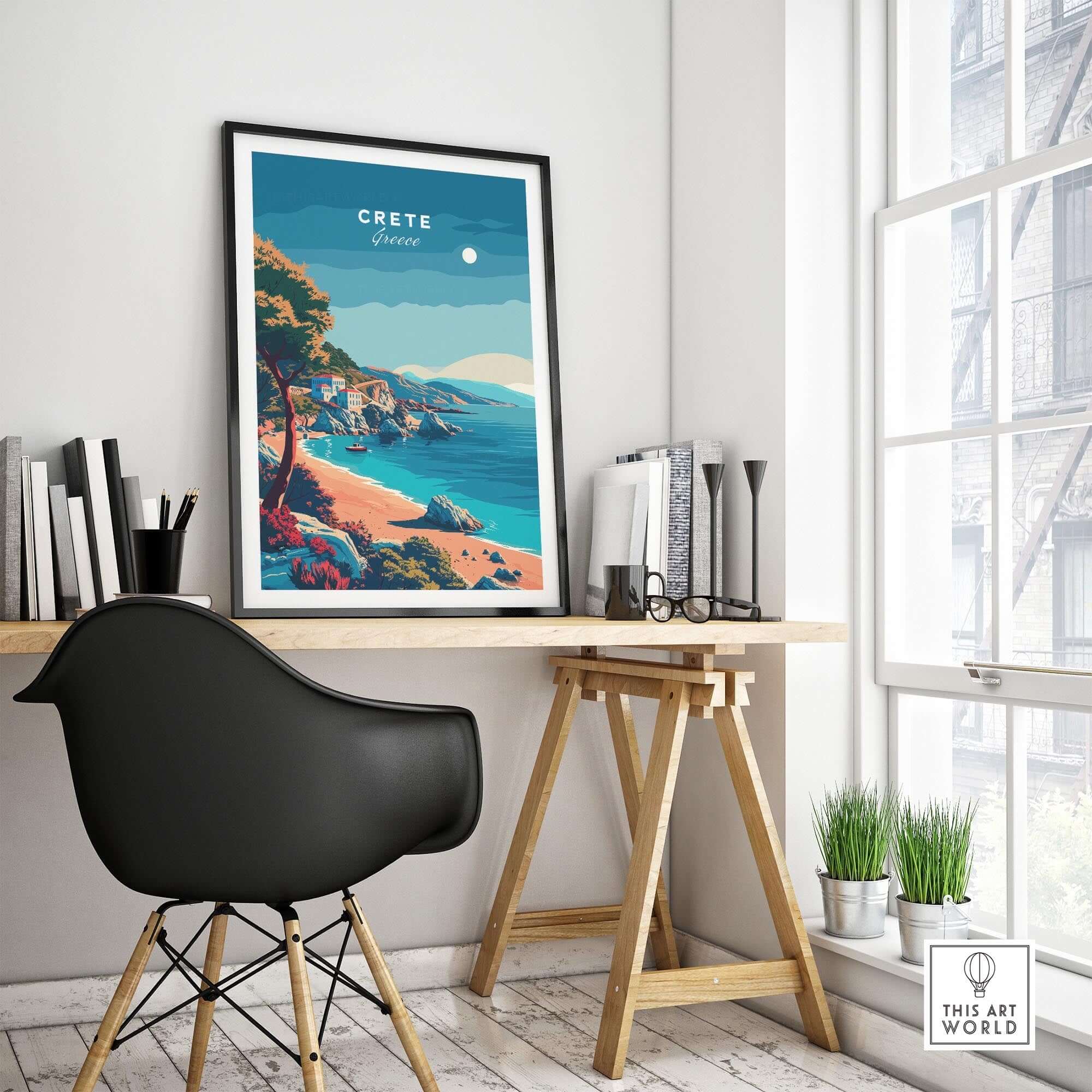 Crete Island Greece - Travel Poster displayed in a modern home office setting with a black chair and potted plants.