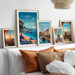 Crete Island Greece - Travel Poster displayed among other travel posters on a stylish white sofa.