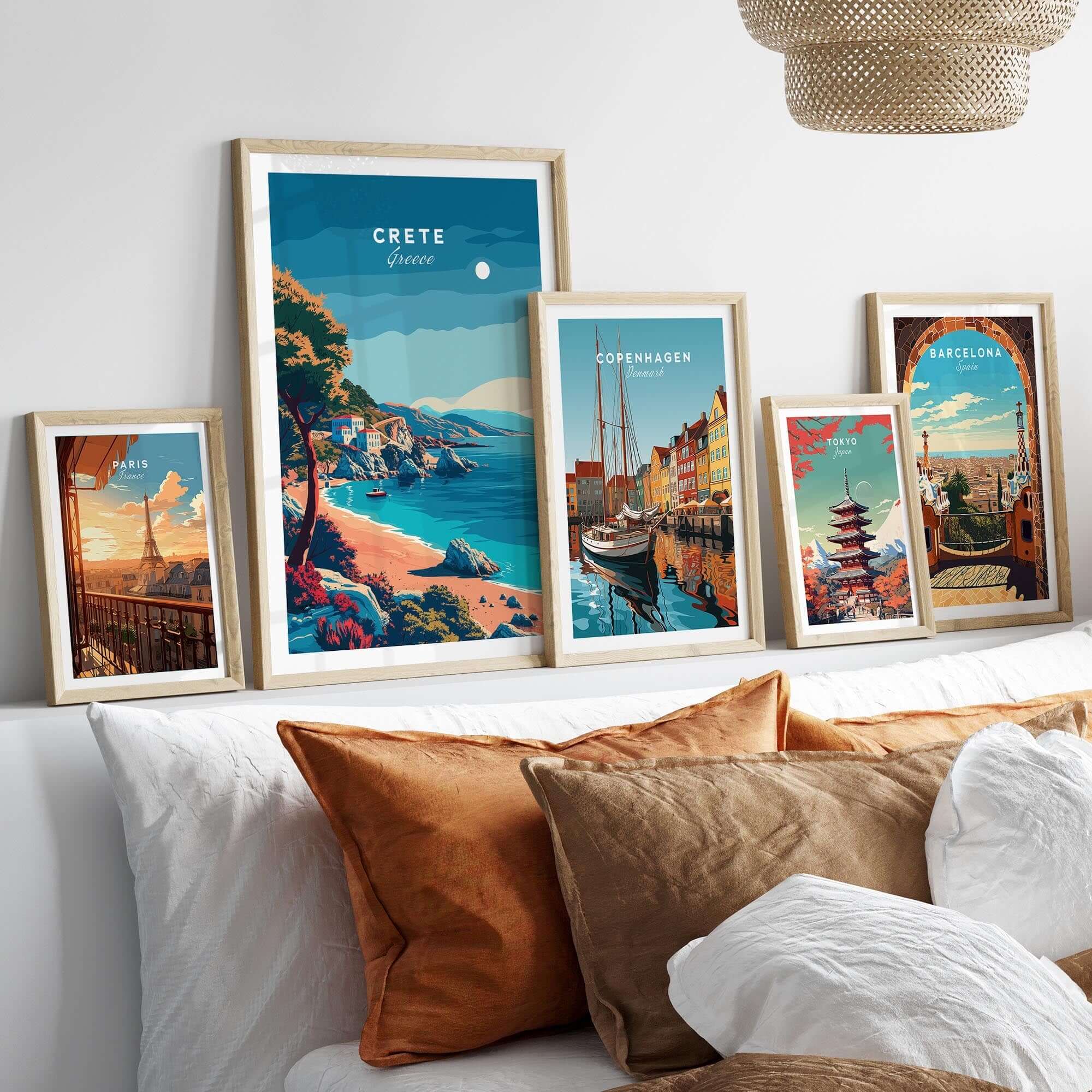 Crete Island Greece - Travel Poster displayed among other travel posters on a stylish white sofa.