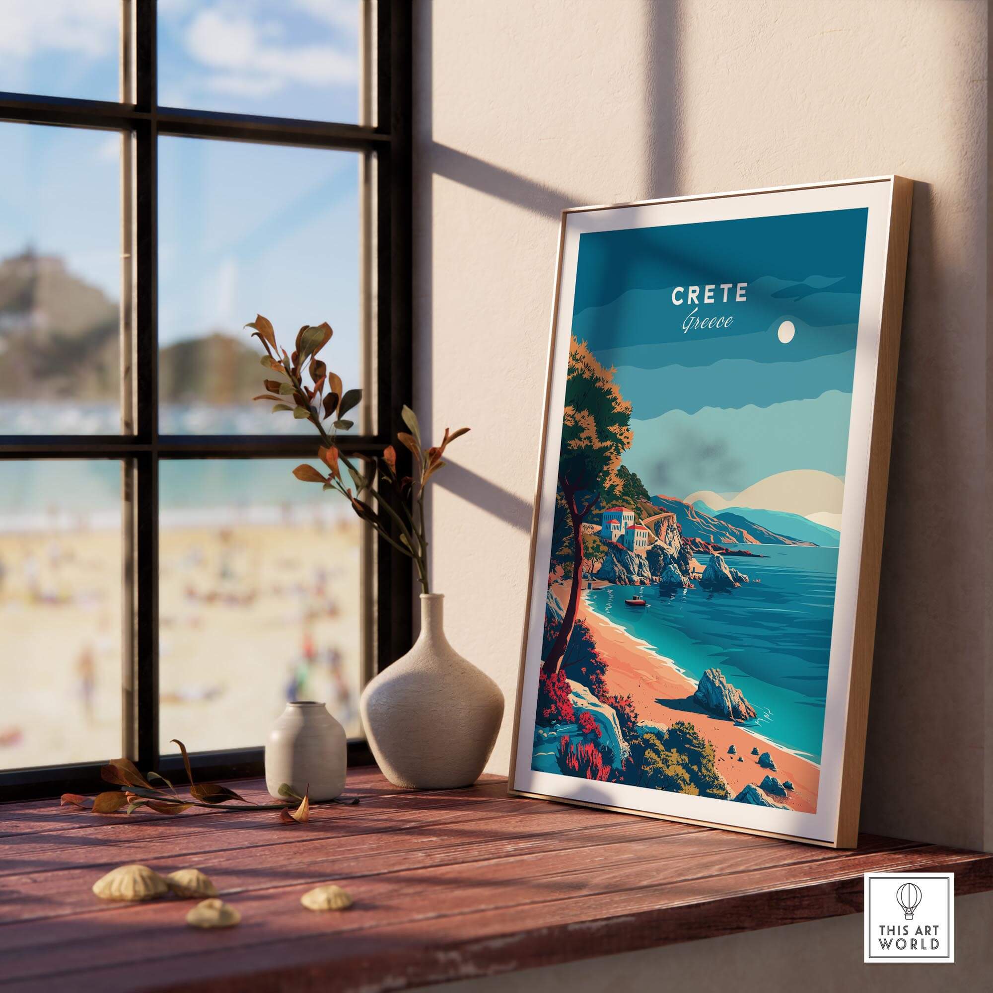 Crete Island Greece - Travel Poster featuring a coastal view and vibrant colors, perfect Mediterranean wall art.
