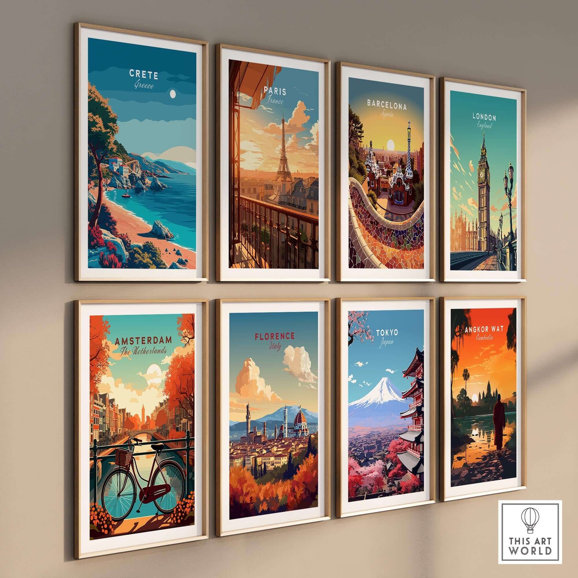 Crete Island Greece - Travel Poster among other city travel posters in a stylish gallery wall display.