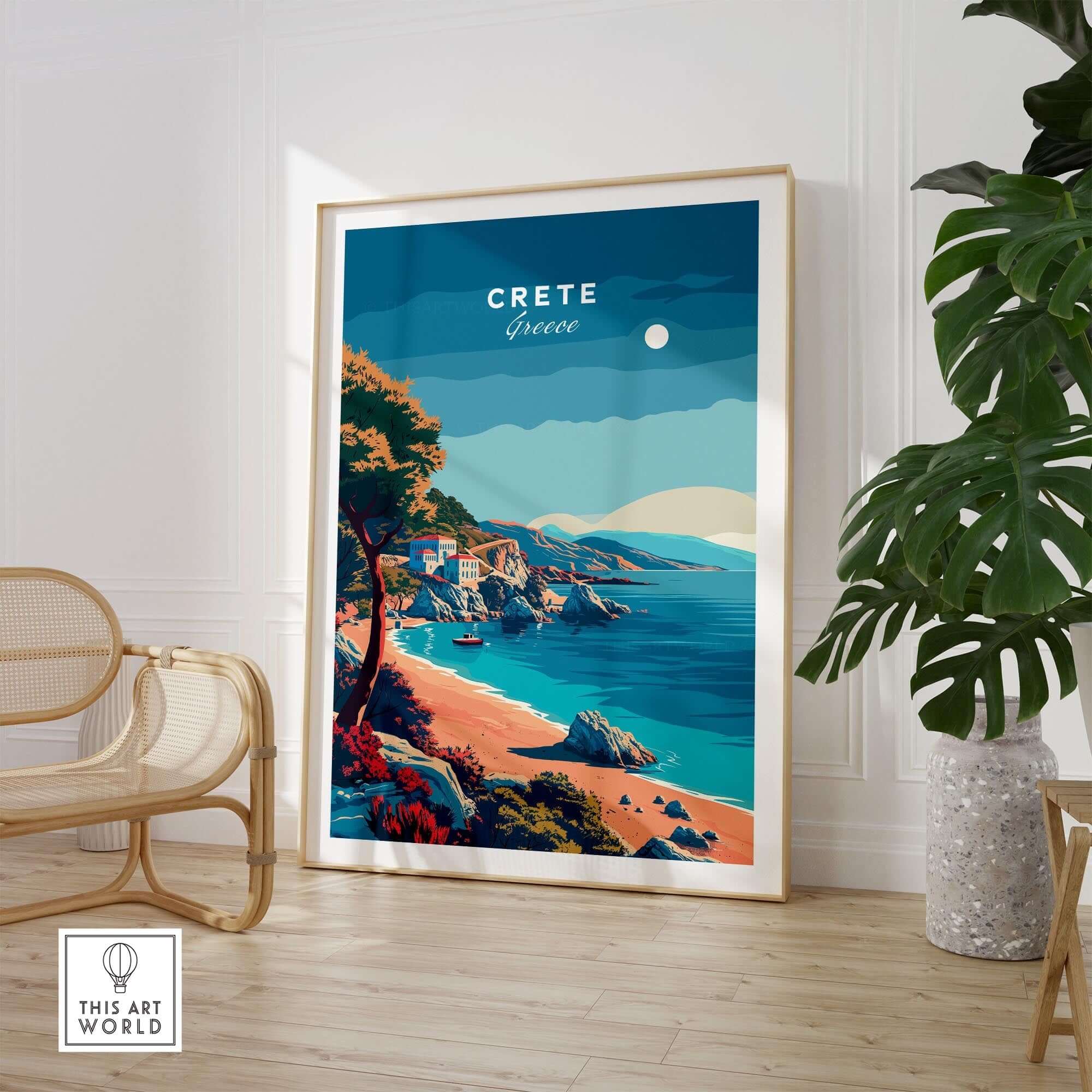 Crete Island Greece - Travel Poster showcasing vibrant coastal scenery and crystal blue waters, perfect Mediterranean wall art.