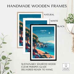 Crete Island Greece - Travel Poster displayed in handmade wooden frames in natural, white, and black finishes.