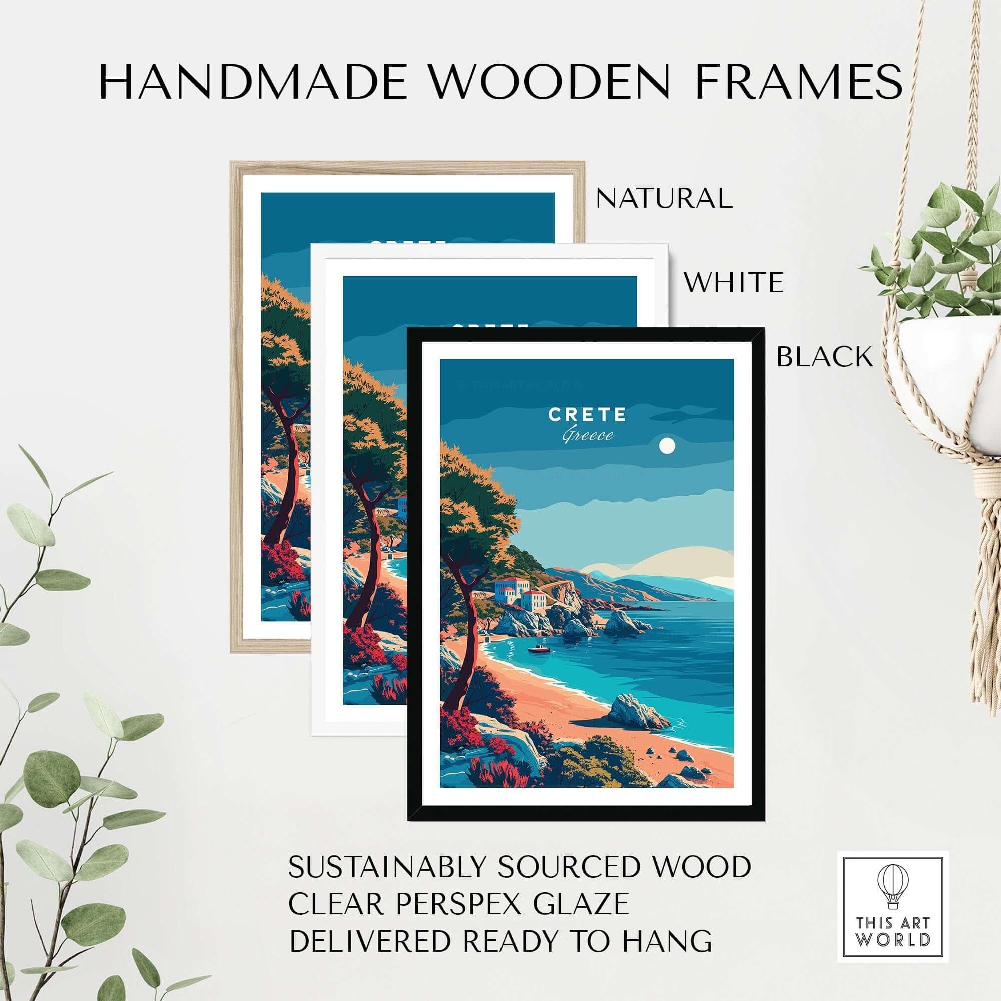 Crete Island Greece - Travel Poster displayed in handmade wooden frames in natural, white, and black finishes.