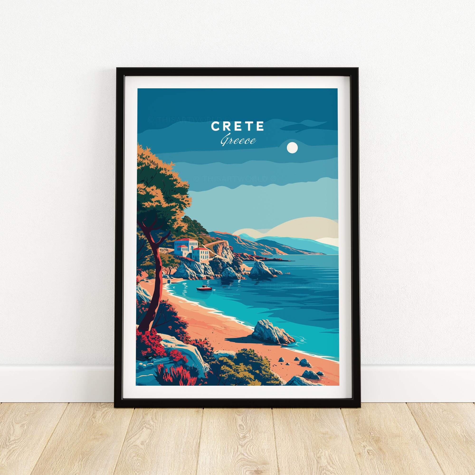 Crete Island Greece - Travel Poster showcasing a beautiful coastal scene in vibrant colors.