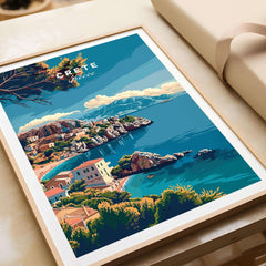 Crete Island Greece - Travel Print featuring a vibrant coastal view of Crete with blue waters and sunny landscape.
