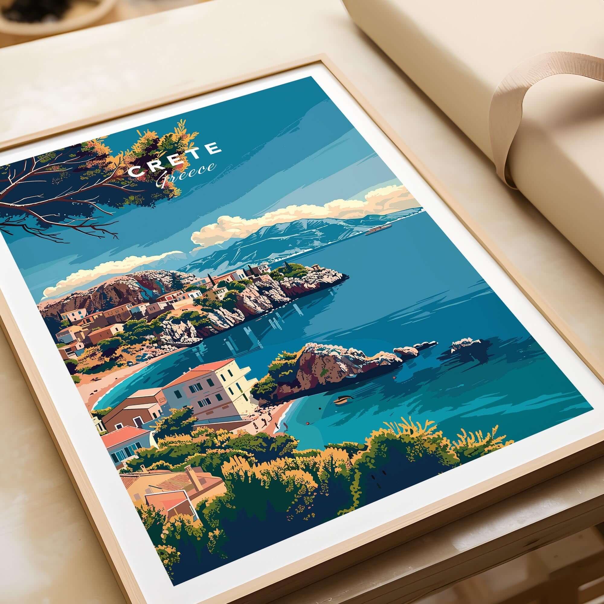Crete Island Greece - Travel Print featuring a vibrant coastal view of Crete with blue waters and sunny landscape.