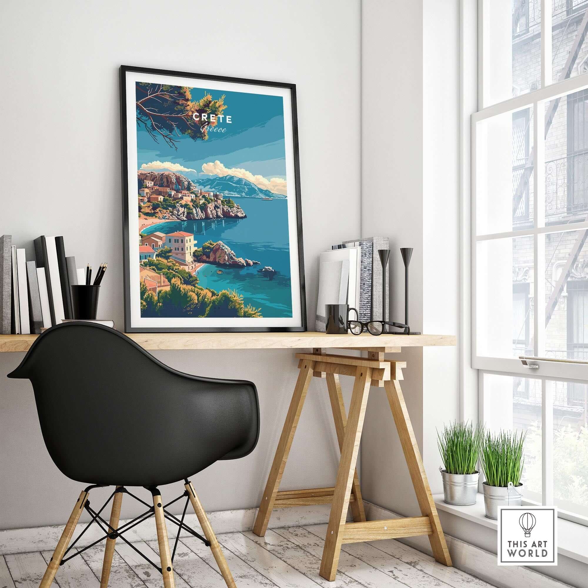 Crete Island Greece - Travel Print featured in a modern interior space with a black chair and natural light.