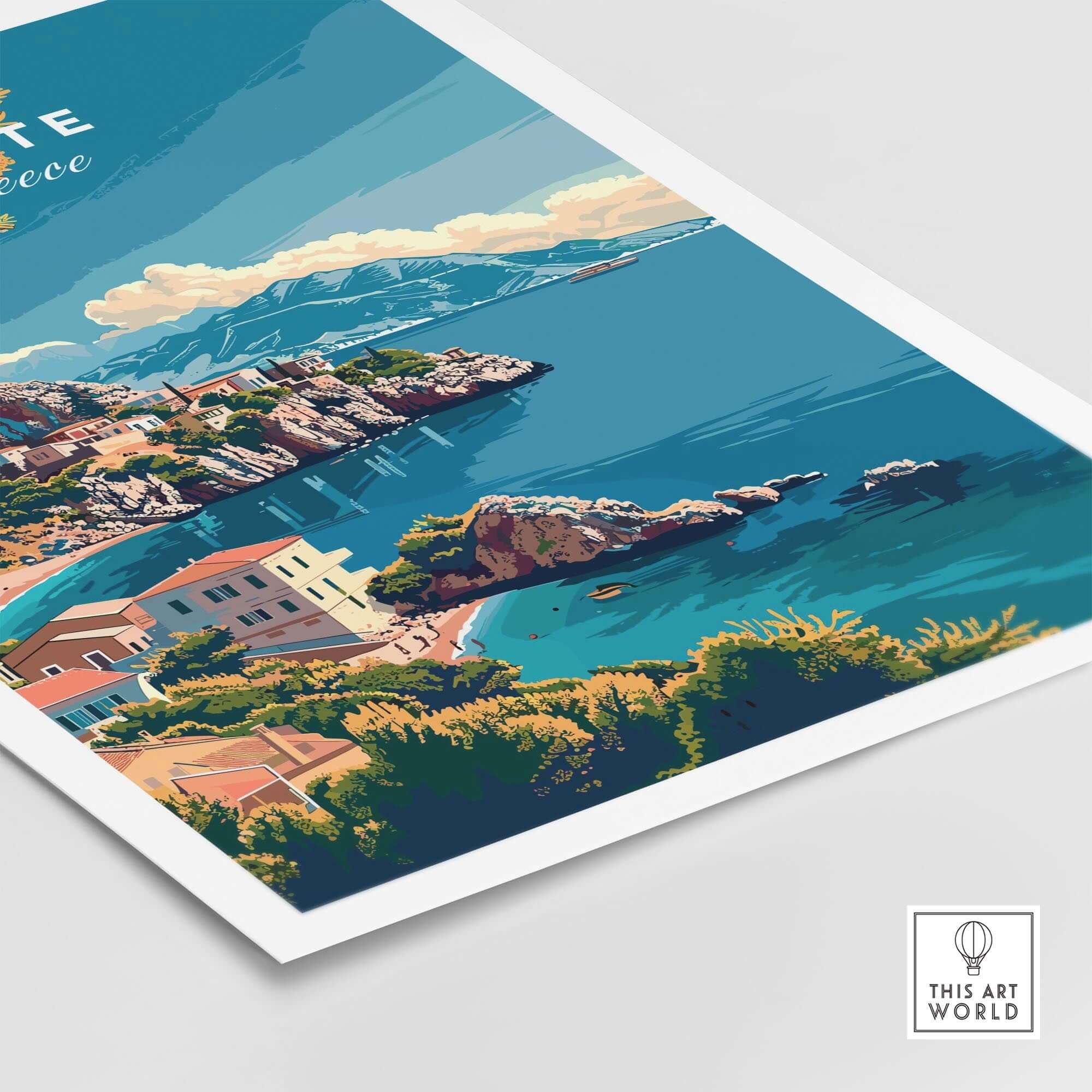 Crete Island Greece - Travel Print showcasing stunning Mediterranean coast and vibrant blue waters.