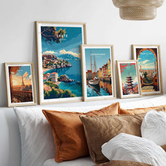 Crete Island Greece - Travel Print showcased among other travel prints in a stylish living room decor.