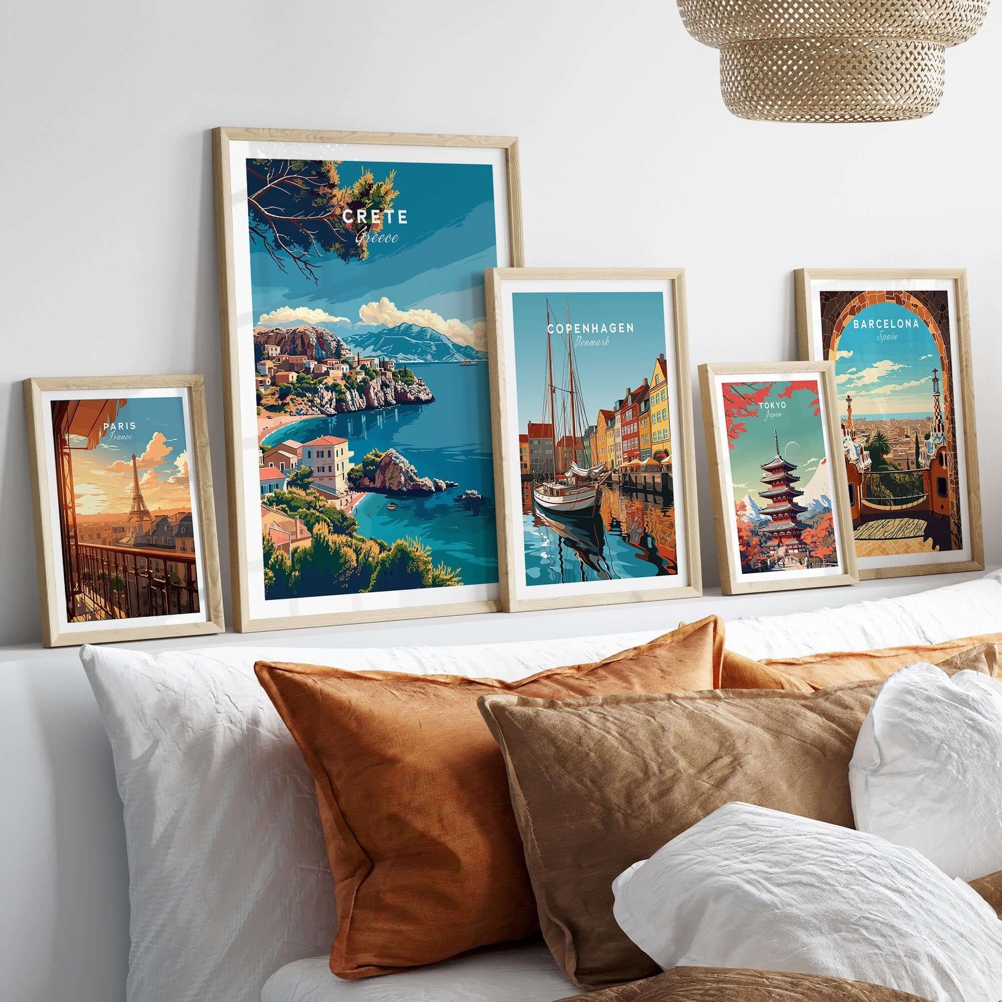 Crete Island Greece - Travel Print showcased among other travel prints in a stylish living room decor.