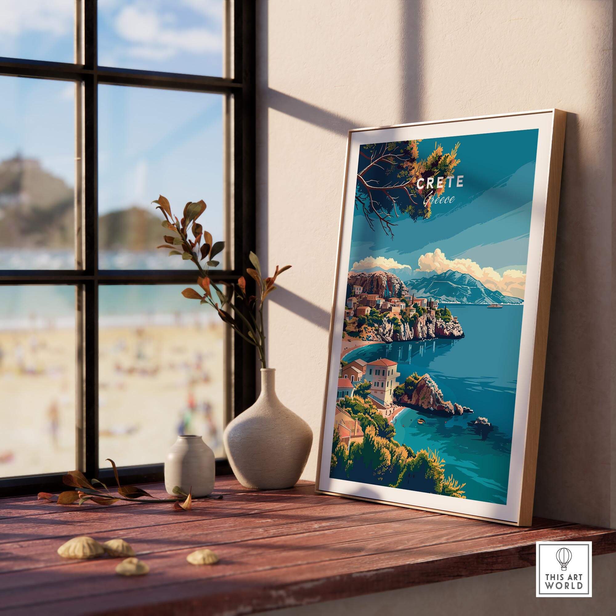 Crete Island Greece - Travel Print beautifully framed on a table with a scenic seaside view in the background.