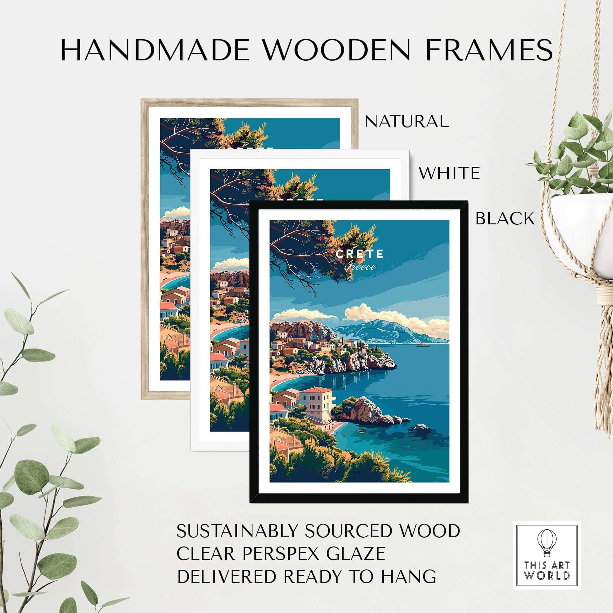 Crete Island Greece - Travel Print displayed in natural, white, and black handmade wooden frames.