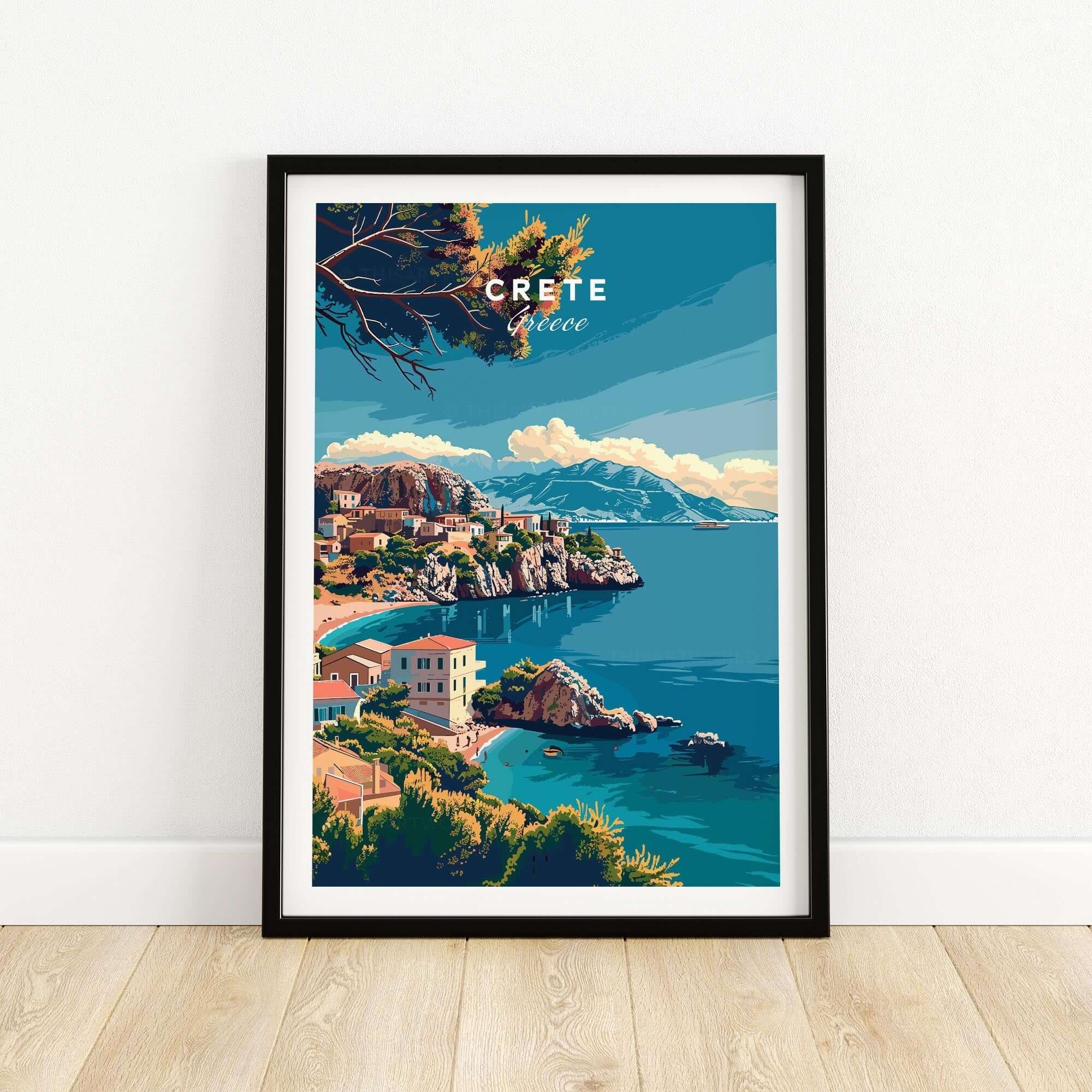 Crete Island Greece - Travel Print featuring a vibrant landscape of coastal cliffs and blue waters.