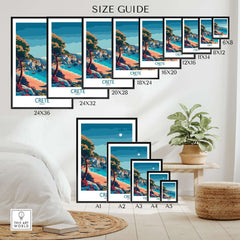 Size guide for Crete Island - Travel Poster showing various dimensions and frame styles.