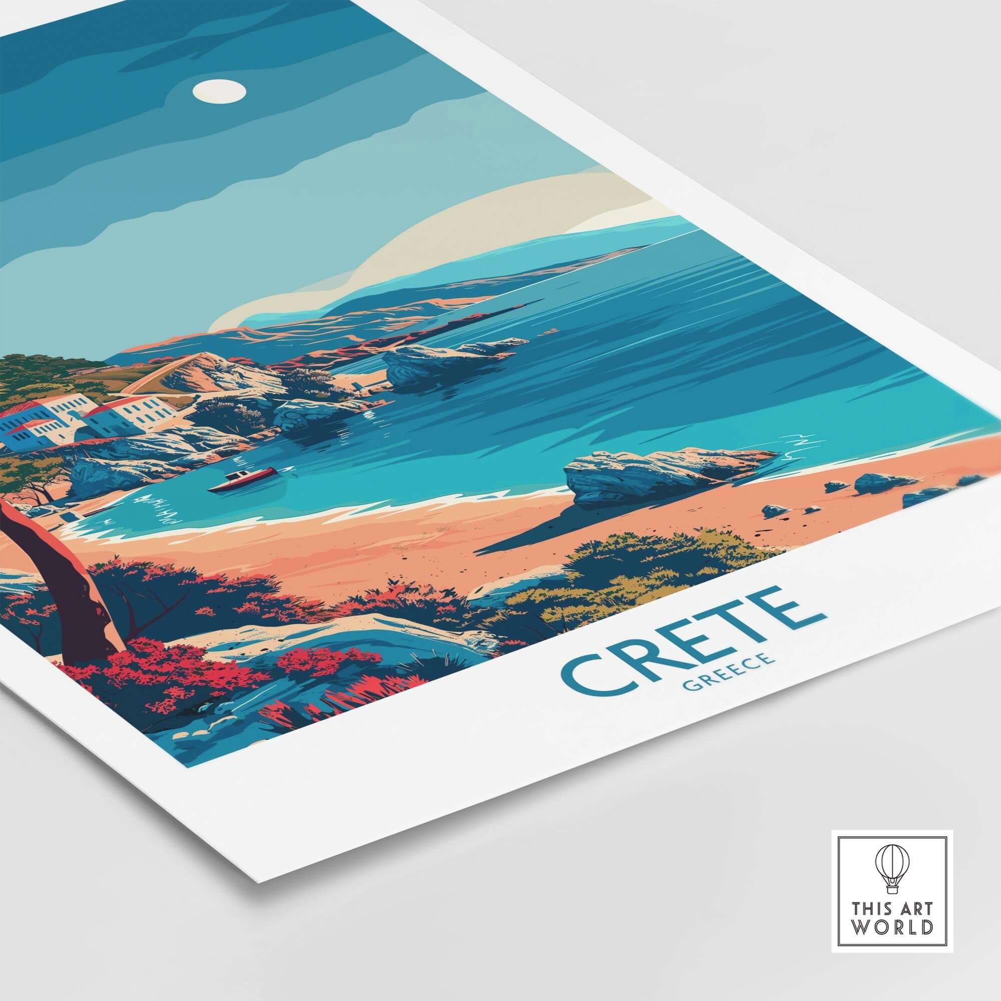 Crete Island - Travel Poster showcasing the vibrant landscape and beach scene of Crete, Greece in stunning colors.