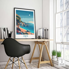 Crete Island - Travel Poster displayed in a stylish office setting, showcasing vibrant colors and stunning landscapes.