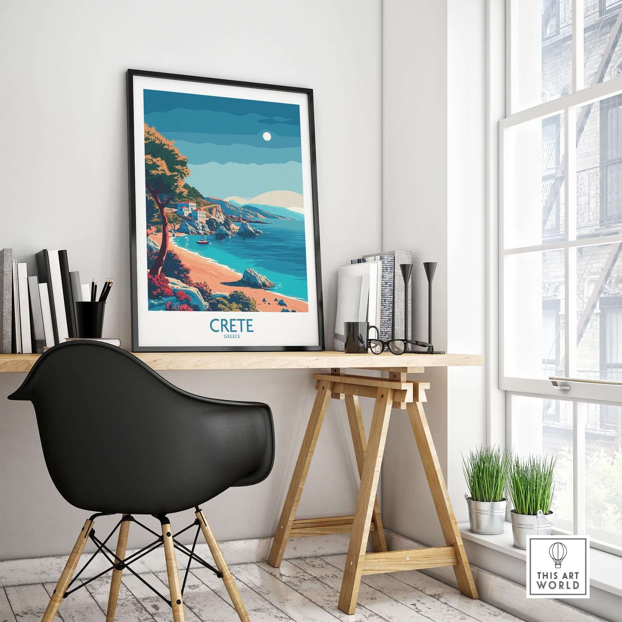 Crete Island - Travel Poster displayed in a stylish office setting, showcasing vibrant colors and stunning landscapes.