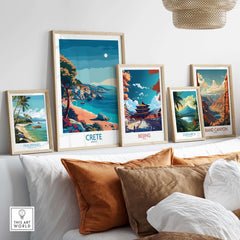 Crete Island - Travel Poster displayed among other travel posters in a stylish home decor setting.