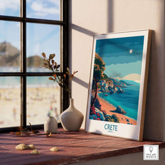 Crete Island - Travel Poster displayed on a wooden table beside a window, showcasing beautiful coastal scenery.