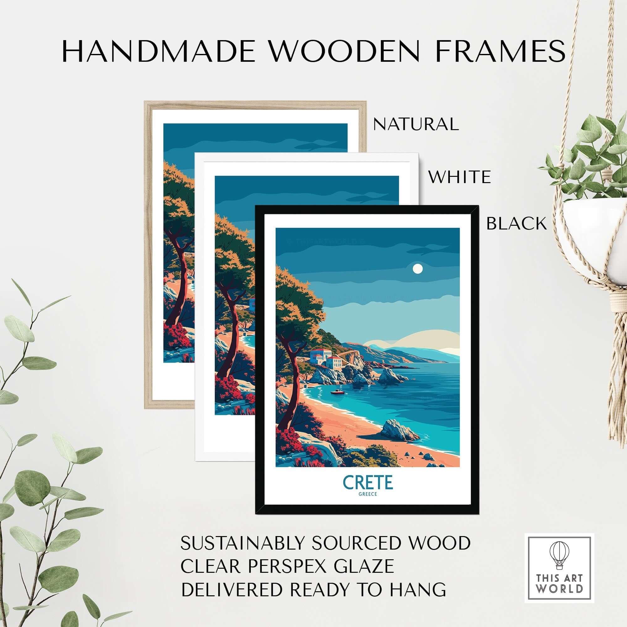 Handmade wooden frames displaying the Crete Island - Travel Poster, sustainably sourced with clear Perspex glaze.