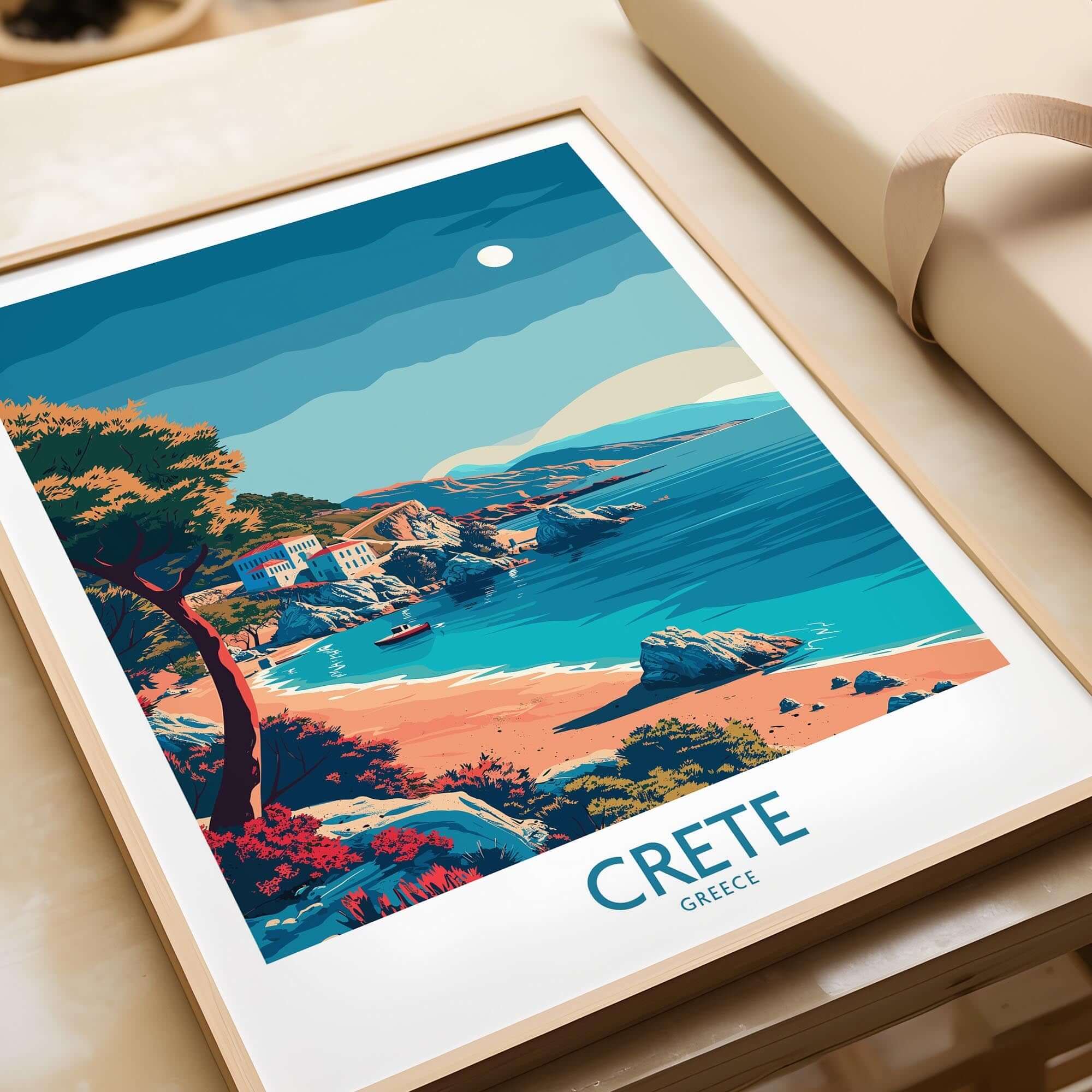 Crete Island - Travel Poster featuring a vibrant beach scene and colorful landscapes of Greece.