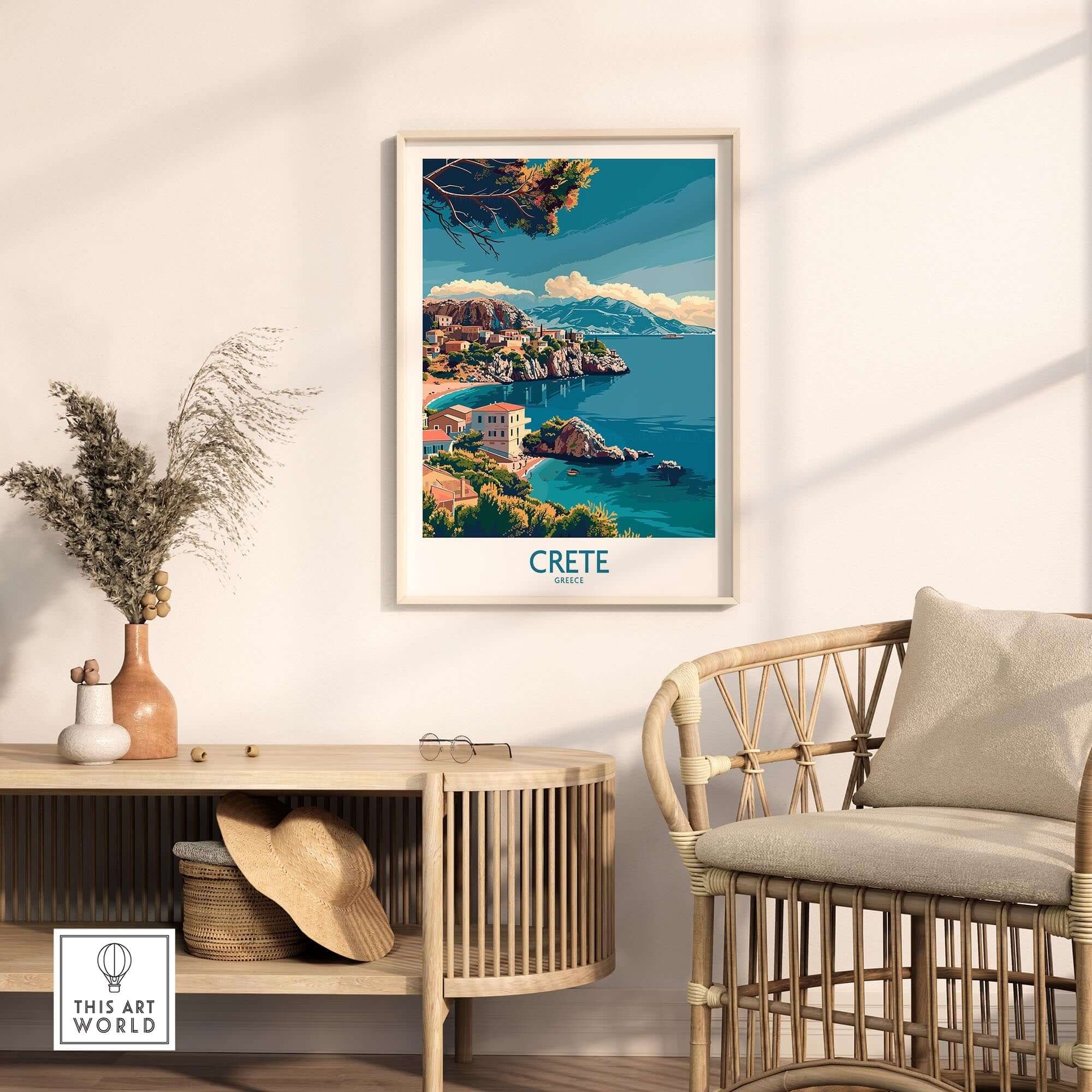 Crete Island - Travel Print showcasing vibrant scenery of Crete in a stylish living room setting.