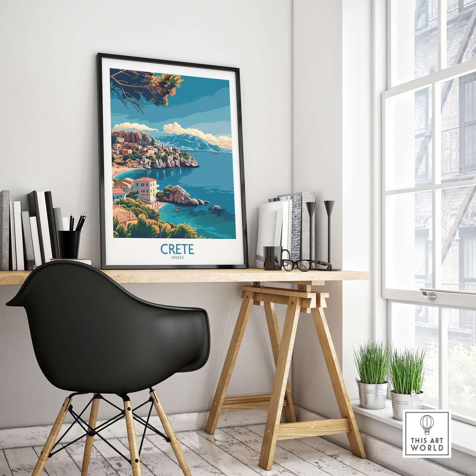Crete Island - Travel Print showcasing vibrant scenery and culture in a stylish home office setting.