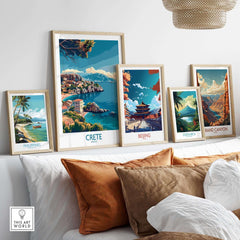 Crete Island - Travel Print featured among vibrant travel prints on a stylish wall display.