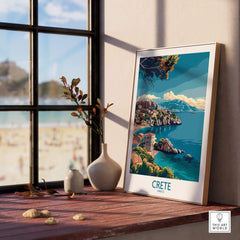 Crete Island - Travel Print showcasing vibrant scenery and culture of Crete from a window view.