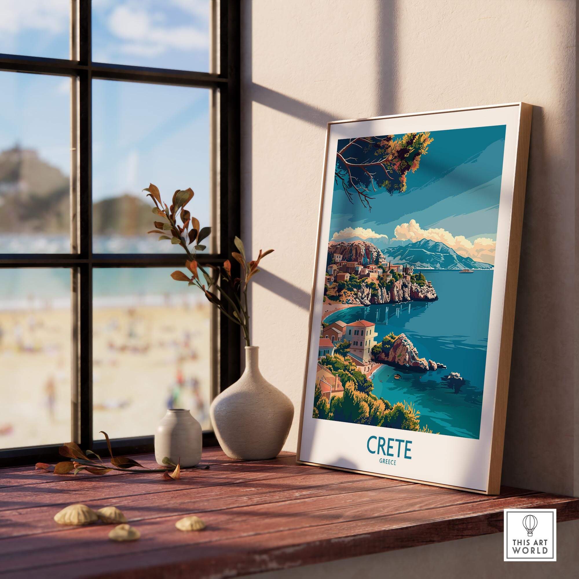 Crete Island - Travel Print showcasing vibrant scenery and culture of Crete from a window view.
