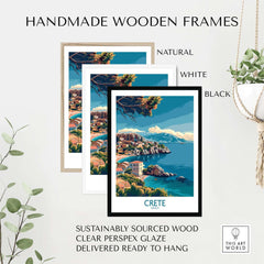 Crete Island - Travel Print displayed in handmade wooden frames, including natural, white, and black options.