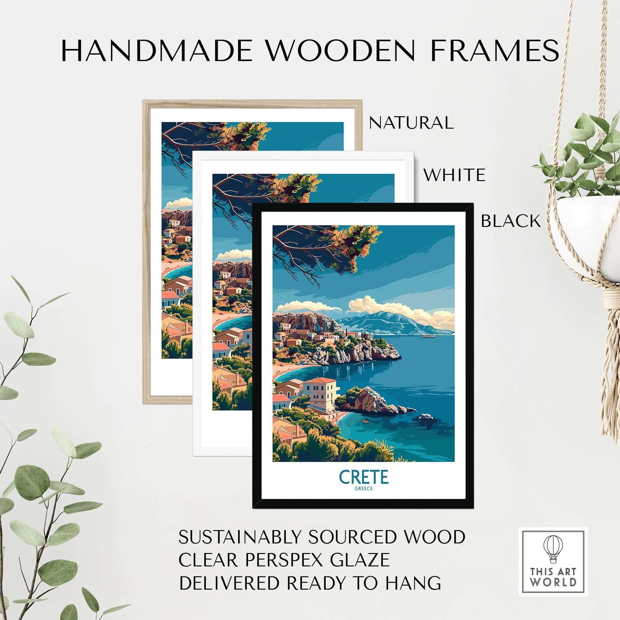 Crete Island - Travel Print displayed in handmade wooden frames, including natural, white, and black options.