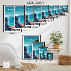 Crete Poster size guide showcasing various frame dimensions for the beautiful Crete Poster.