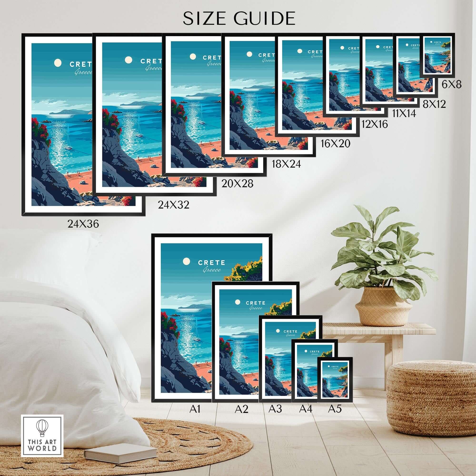 Crete Poster size guide showcasing various frame dimensions for the beautiful Crete Poster.