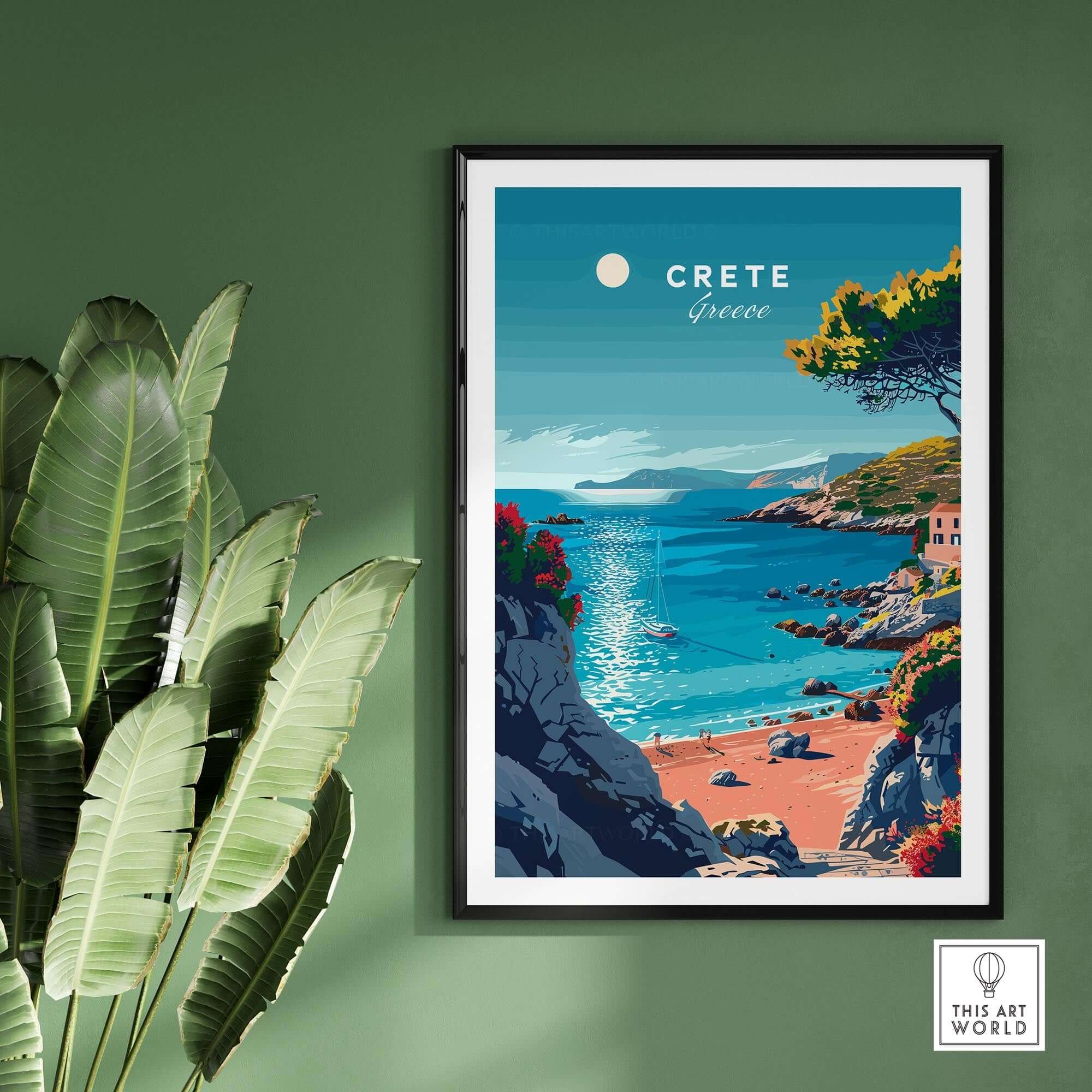 Crete Poster showcasing the stunning scenery of Crete, Greece with vibrant colors and a serene Mediterranean vibe.