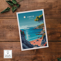 Crete Poster showcasing the beautiful beach and landscape of Crete, Greece, perfect for travel enthusiasts.