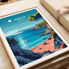 Crete Poster featuring a beautiful beach scene with a sailboat and colorful cliffs in Crete, Greece.